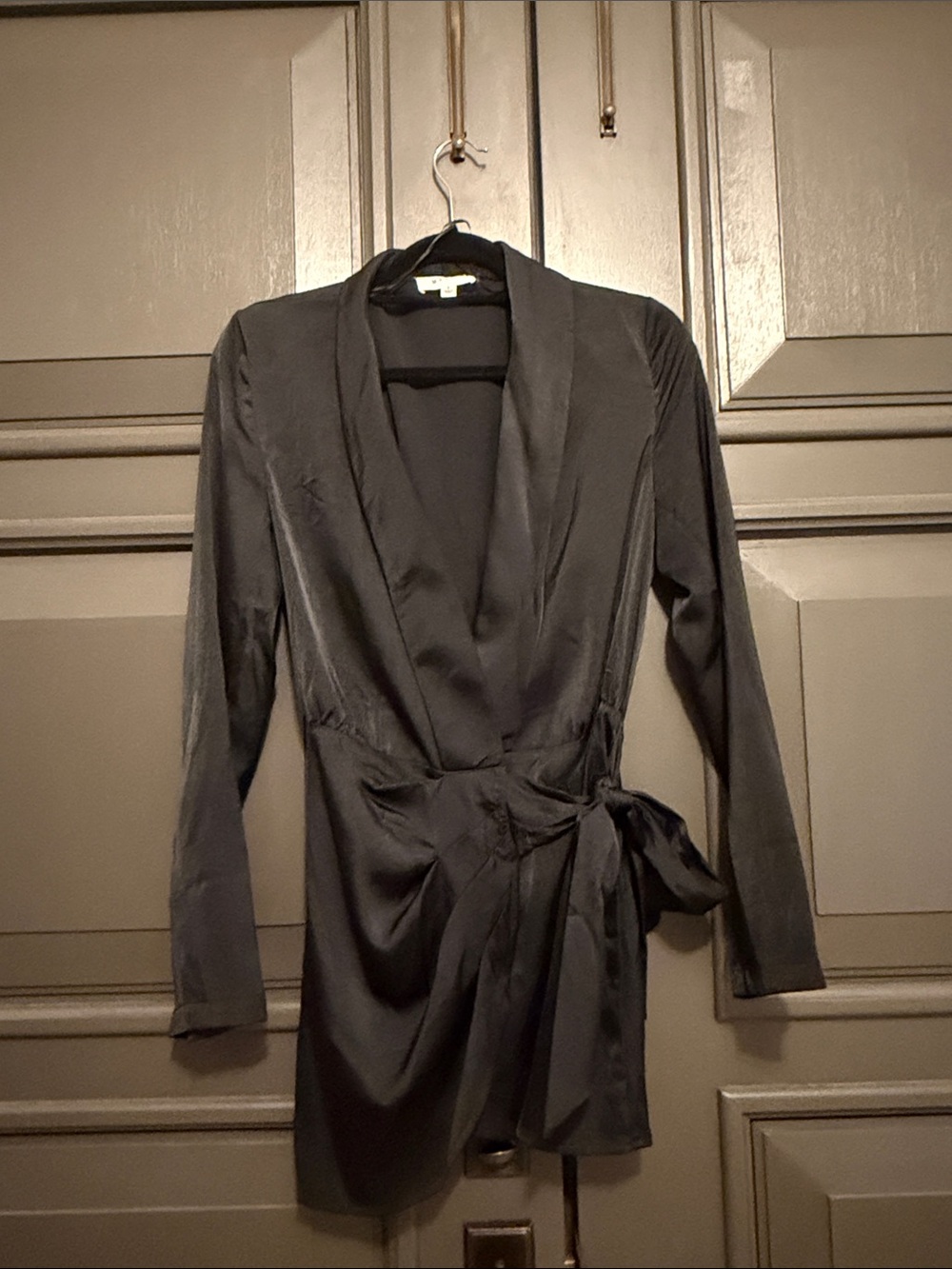 Satin Black Long-Sleeve Wrap Dress with Side Tie